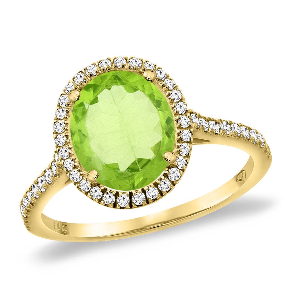 14K Yellow Gold Natural Peridot Diamond Halo Engagement Ring 10x8 mm Oval, sizes 5 -10