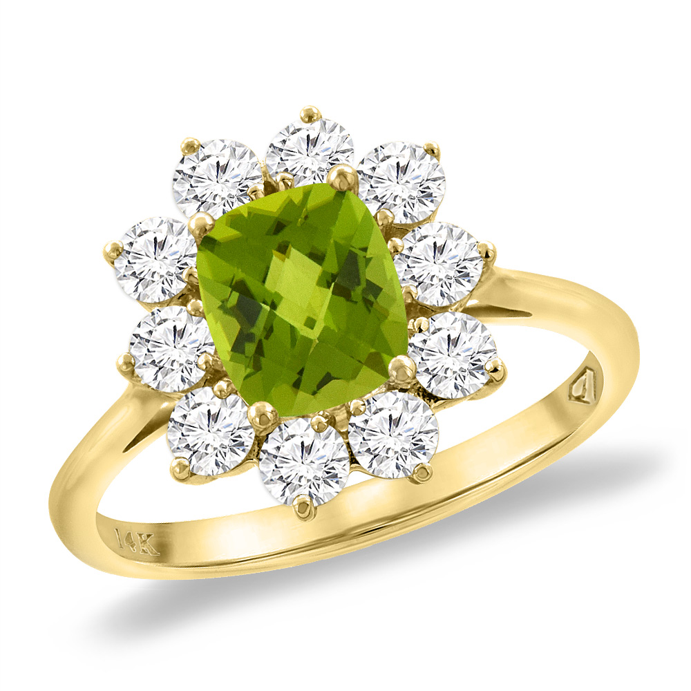 14K Yellow Gold Diamond Natural Peridot Engagement Ring 8x6 mm Cushion, sizes 5 -10