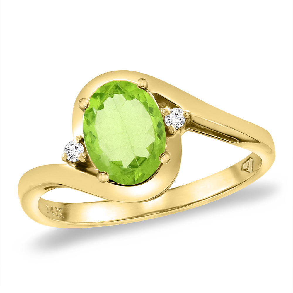 14K Yellow Gold Diamond Natural Peridot Bypass Engagement Ring Oval 8x6 mm, sizes 5 -10