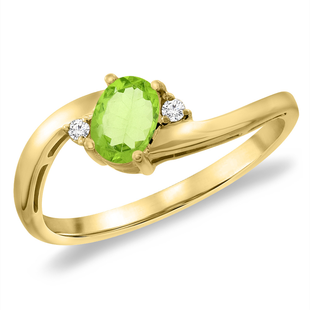14K Yellow Gold Diamond Natural Peridot Bypass Engagement Ring Oval 6x4 mm, sizes 5 -10