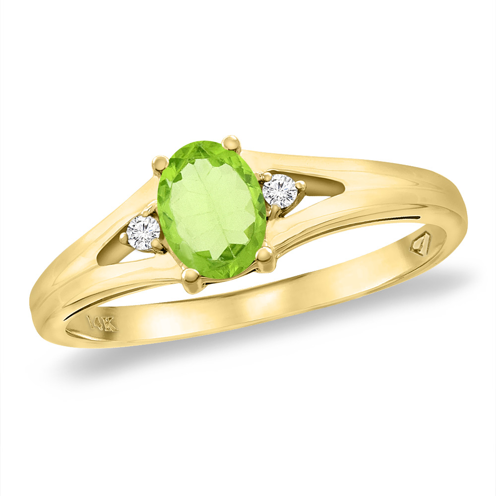 14K Yellow Gold Diamond Natural Peridot Engagement Ring Oval 6x4 mm, sizes 5 -10