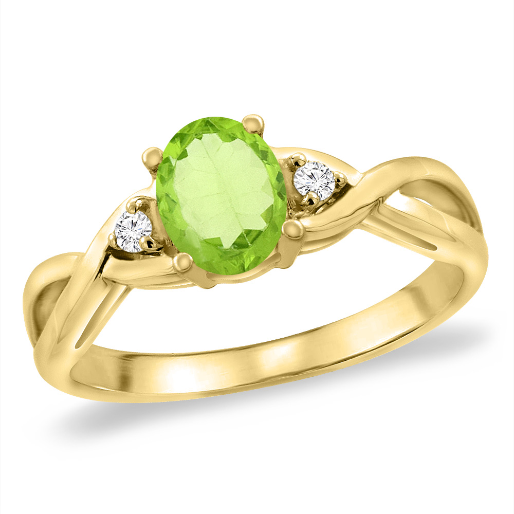 14K Yellow Gold Diamond Natural Peridot Infinity Engagement Ring Oval 7x5 mm, sizes 5 -10