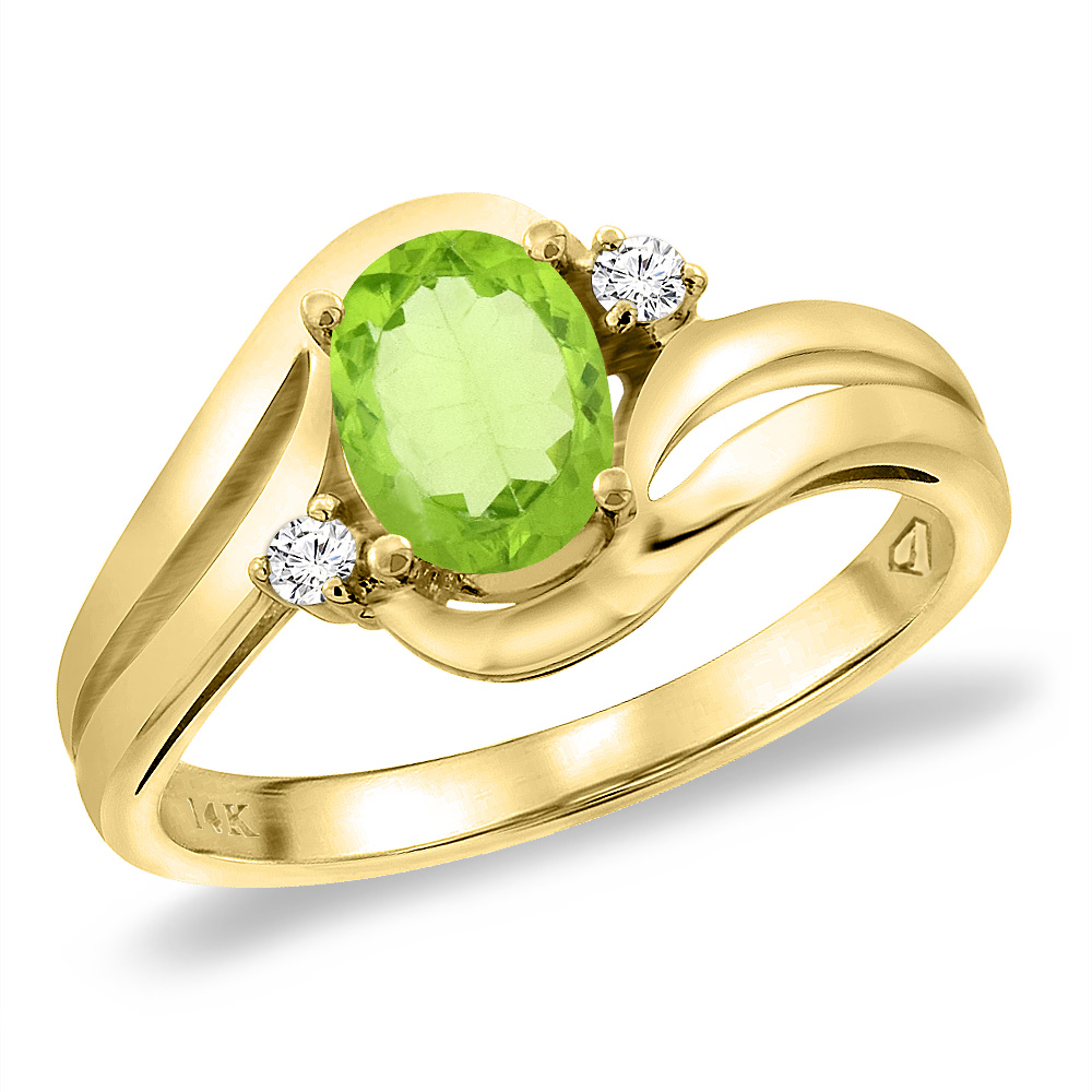 14K Yellow Gold Diamond Natural Peridot Bypass Engagement Ring Oval 8x6 mm, sizes 5 -10