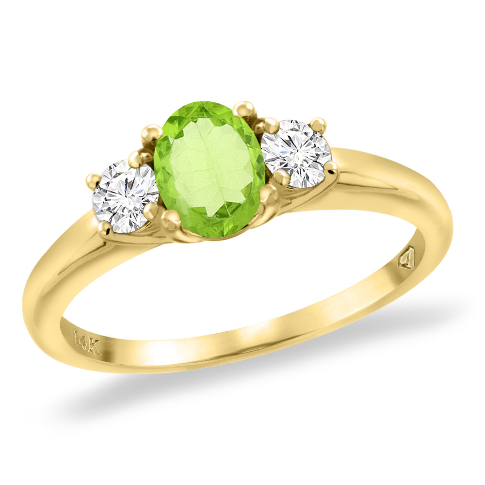 14K Yellow Gold Natural Peridot Engagement Ring Diamond Accents Oval 7x5 mm, sizes 5 -10