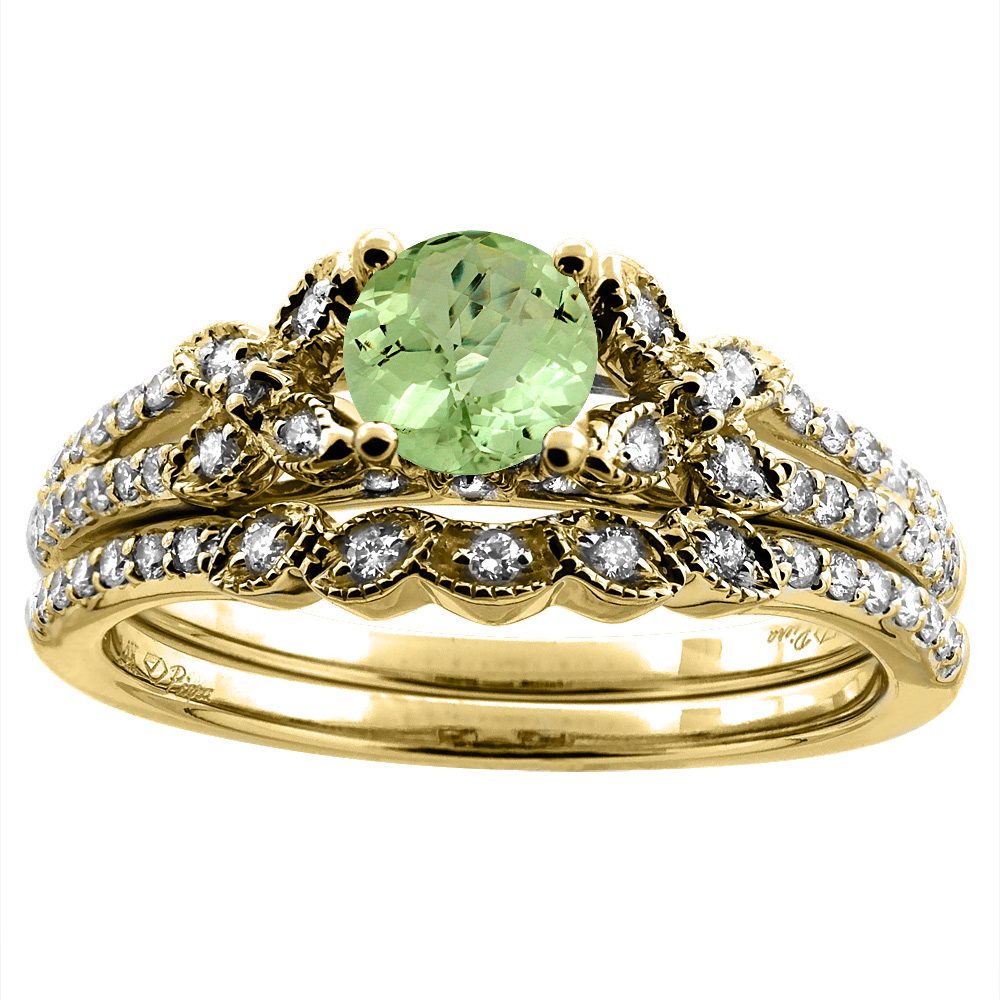 14K Yellow Gold Floral Diamond Natural Peridot 2pc Engagement Ring Set Round 5 mm, sizes 5-10