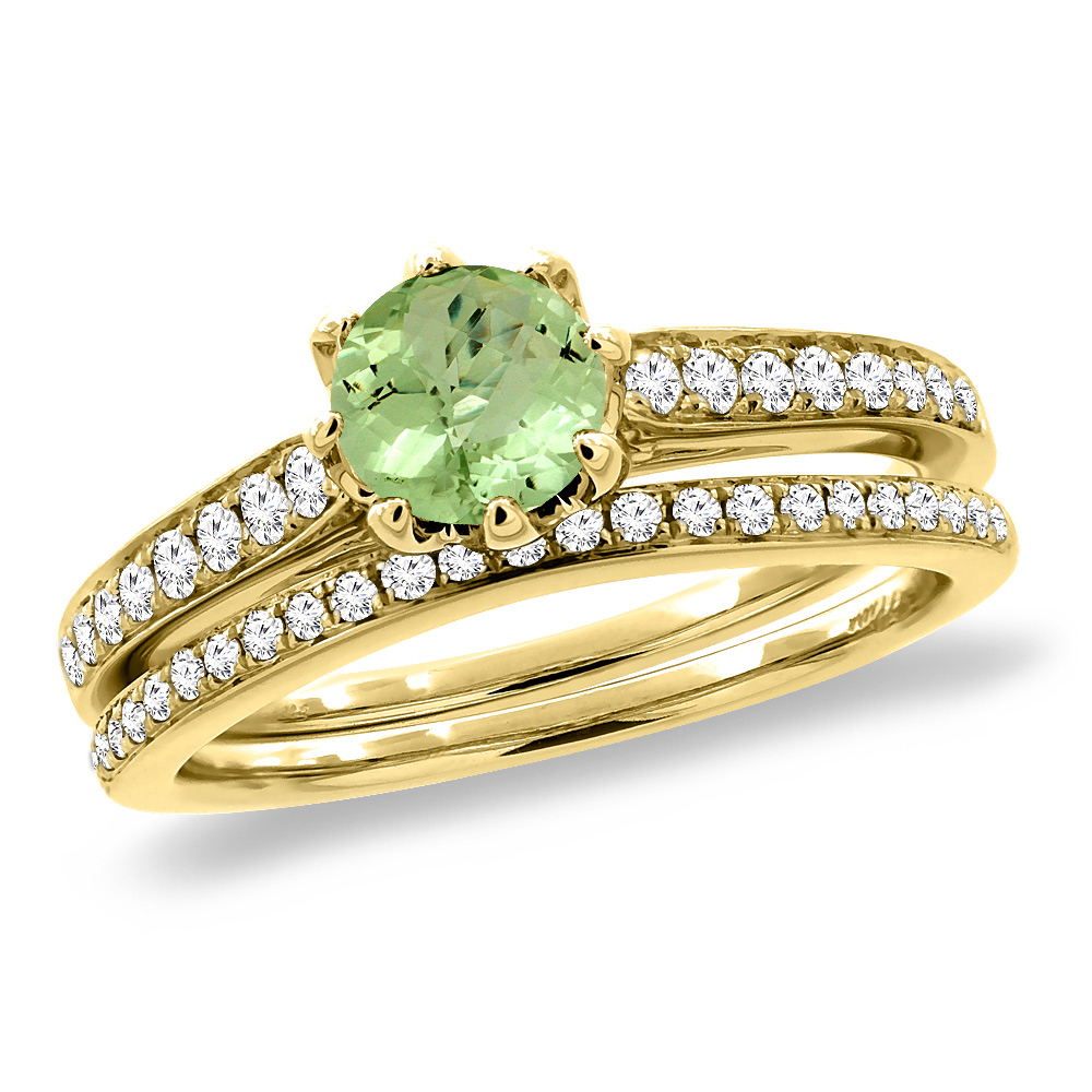 14K Yellow Gold Diamond Natural Peridot 2pc Engagement Ring Set Round 5 mm, sizes 5-10