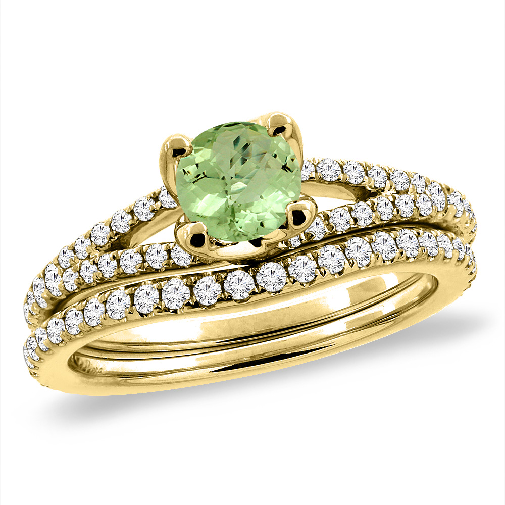 14K Yellow Gold Diamond Natural Peridot 2pc Engagement Ring Set Round 5 mm, sizes 5-10