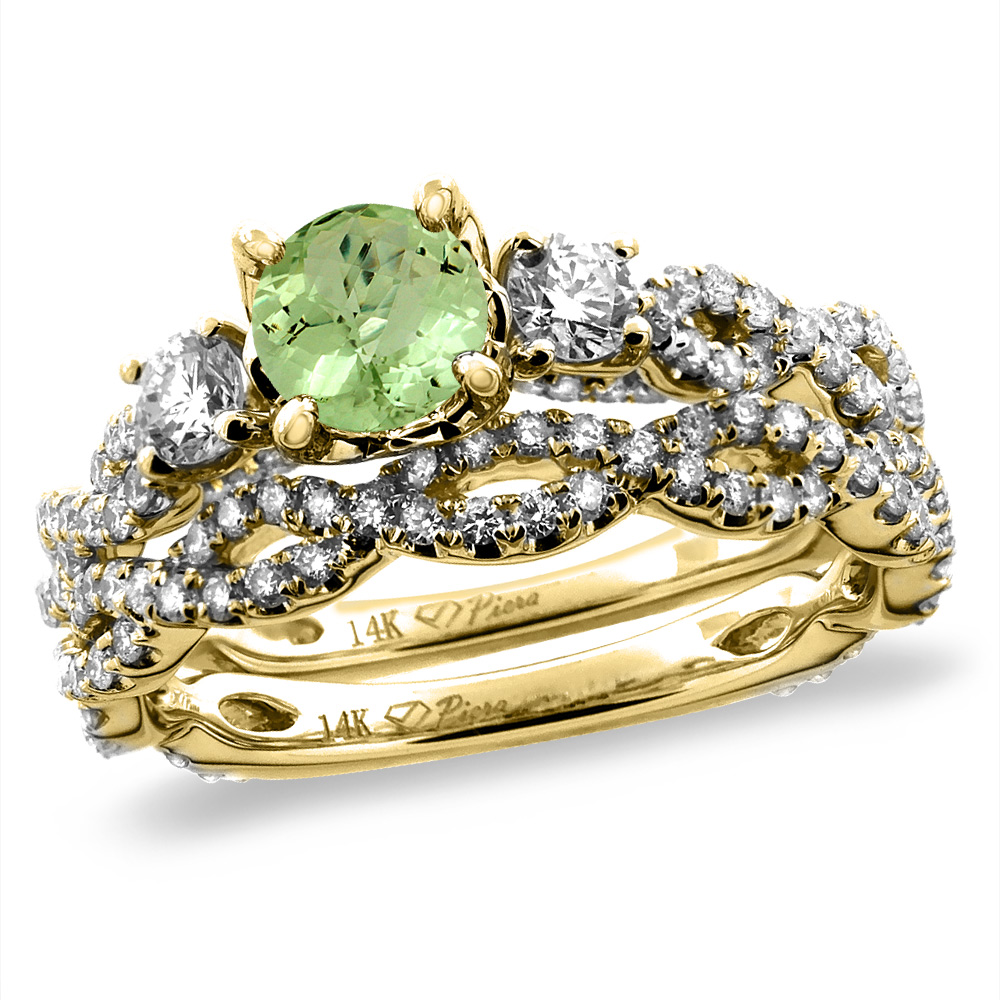 14K Yellow Gold Diamond Natural Peridot 2pc Infinity Engagement Ring Set Round 5 mm, sizes 5-10