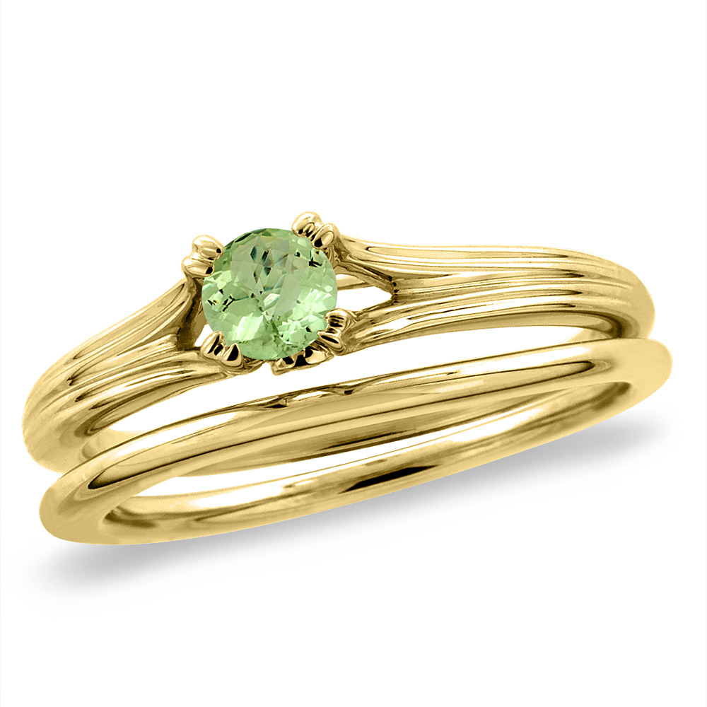 14K Yellow Gold Diamond Natural Peridot 2pc Solitaire Engagement Ring Set Round 4 mm, size5-10