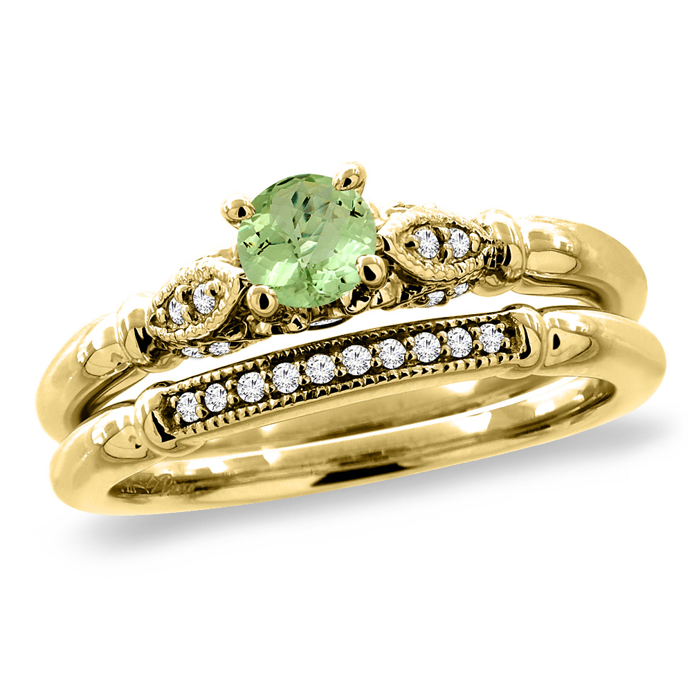 14K Yellow Gold Diamond Natural Peridot 2pc Engagement Ring Set Round 4 mm, sizes 5 - 10