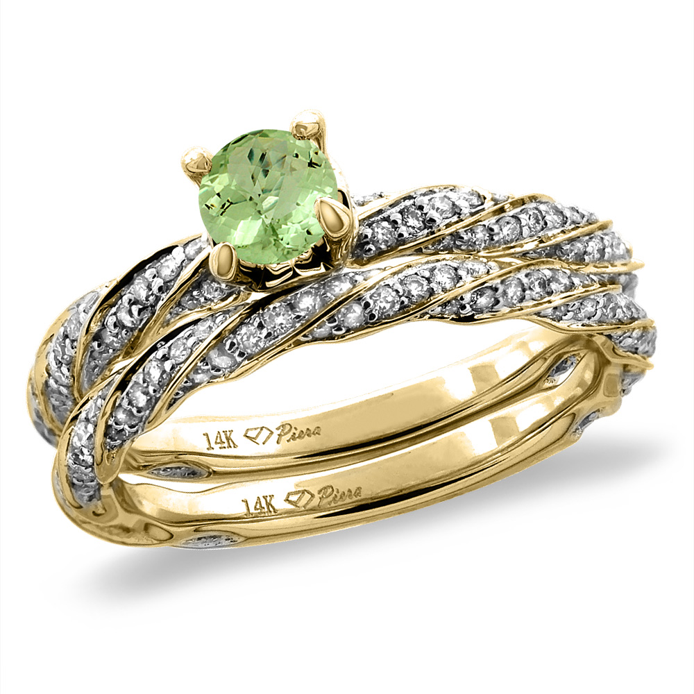 14K Yellow Gold Diamond Natural Peridot 2pc Twisted Engagement Ring Set Round 4 mm, size5-10