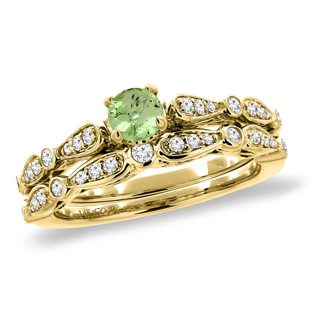 14K Yellow Gold Diamond Natural Peridot 2pc Engagement Ring Set Round 4 mm, size5-10