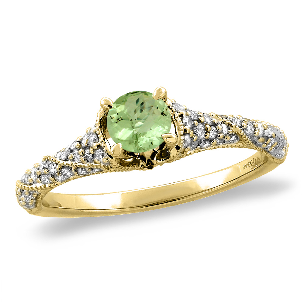 14K Yellow Gold Diamond Natural Peridot Engagement Ring Round 4 mm, sizes 5 -10