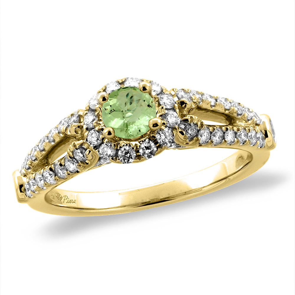14K Yellow Gold Diamond Natural Peridot Halo Engagement Ring Round 4 mm, sizes 5 -10
