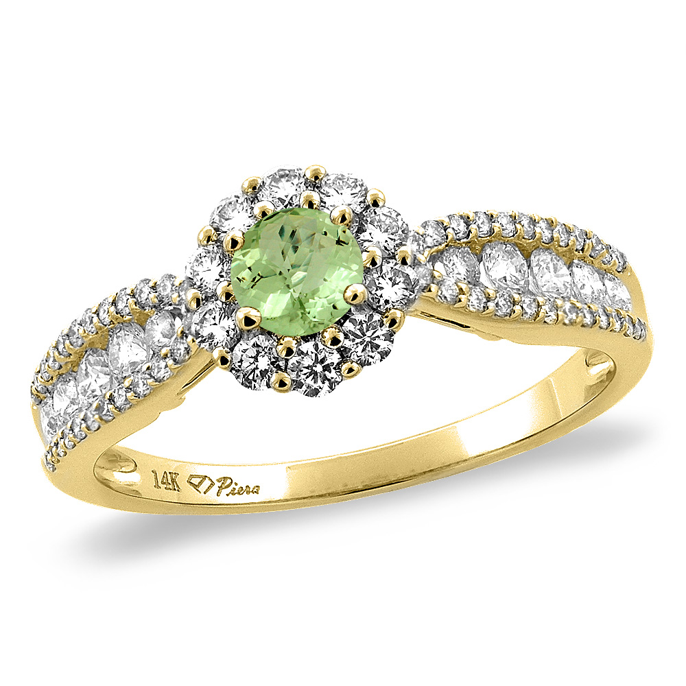 14K Yellow Gold Natural Peridot Halo Engagement Ring Round 4 mm, sizes 5 -10