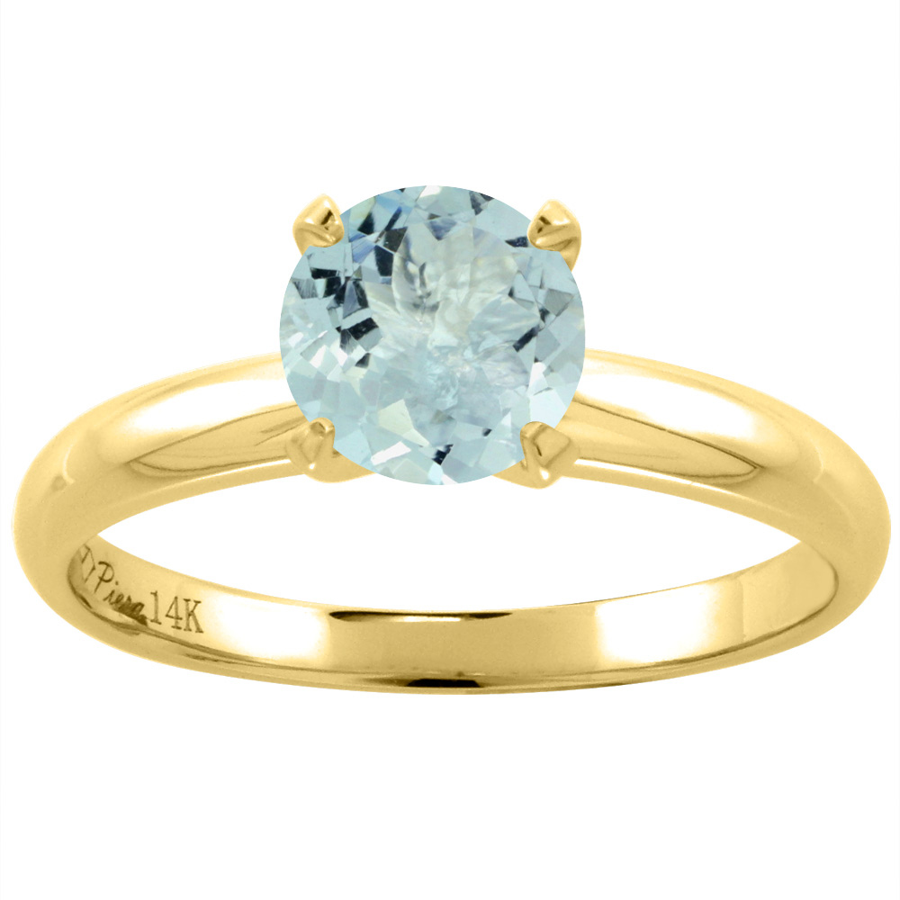 14K Yellow Gold Natural Aquamarine Solitaire Engagement Ring Round 7 mm, sizes 5-10