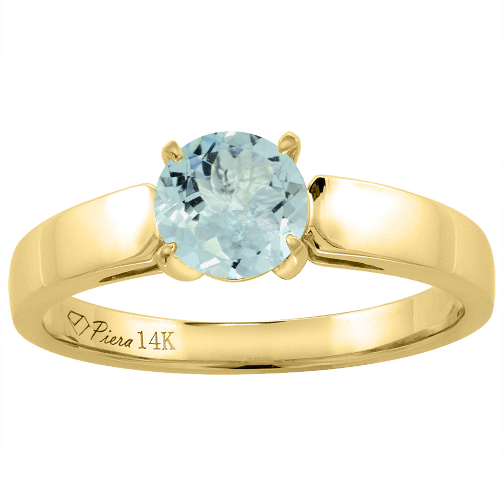 14K Yellow Gold Natural Aquamarine Solitaire Engagement Ring Round 7 mm, sizes 5-10