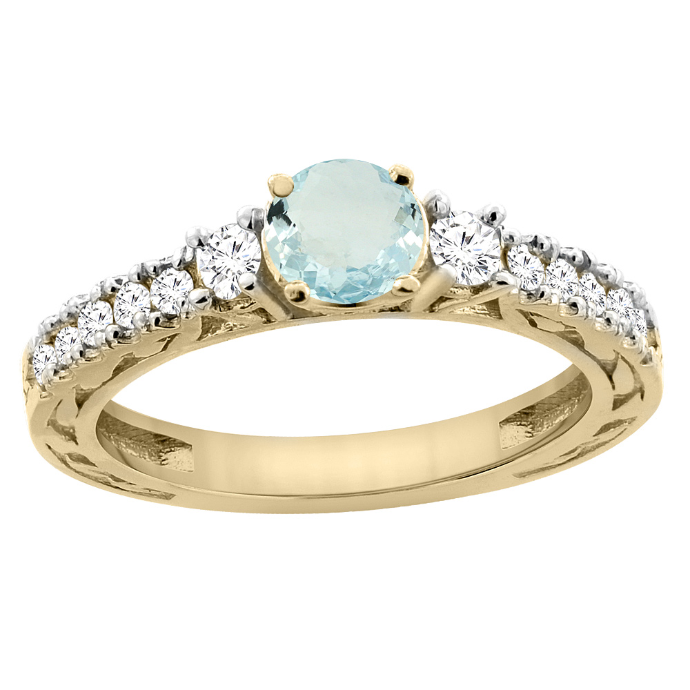 14K Yellow Gold Natural Aquamarine Round 6mm Engraved Engagement Ring Diamond Accents, sizes 5 - 10