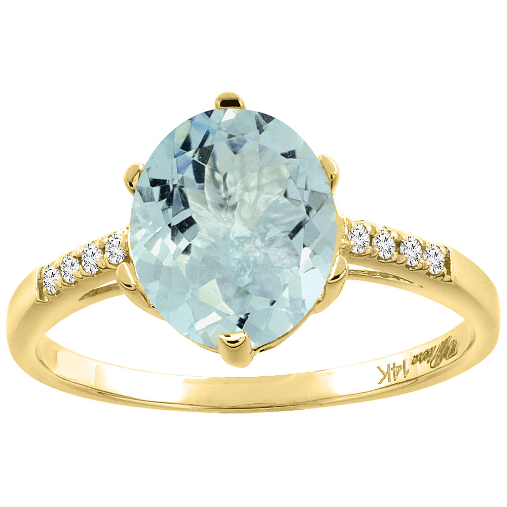 14K Yellow Gold Natural Aquamarine & Diamond Ring Oval 10x8 mm, sizes 5-10