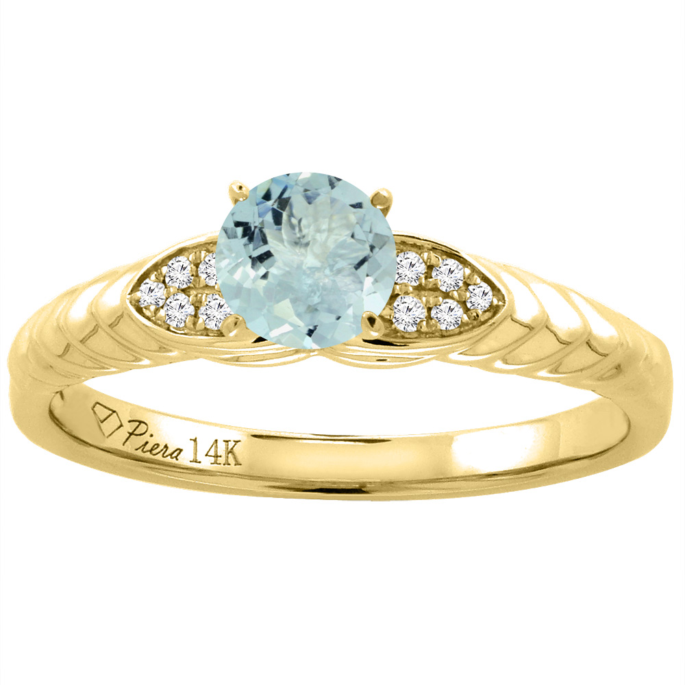 14K Yellow Gold Diamond Natural Aquamarine Engagement Ring Round 5 mm, sizes 5-10