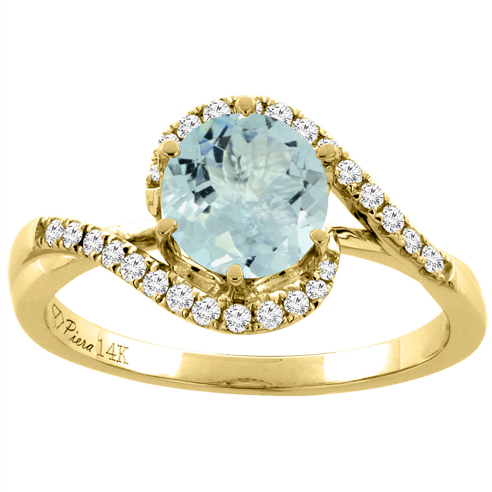 14K Yellow Gold Diamond Natural Aquamarine Bypass Engagement Ring Round 7 mm, sizes 5-10