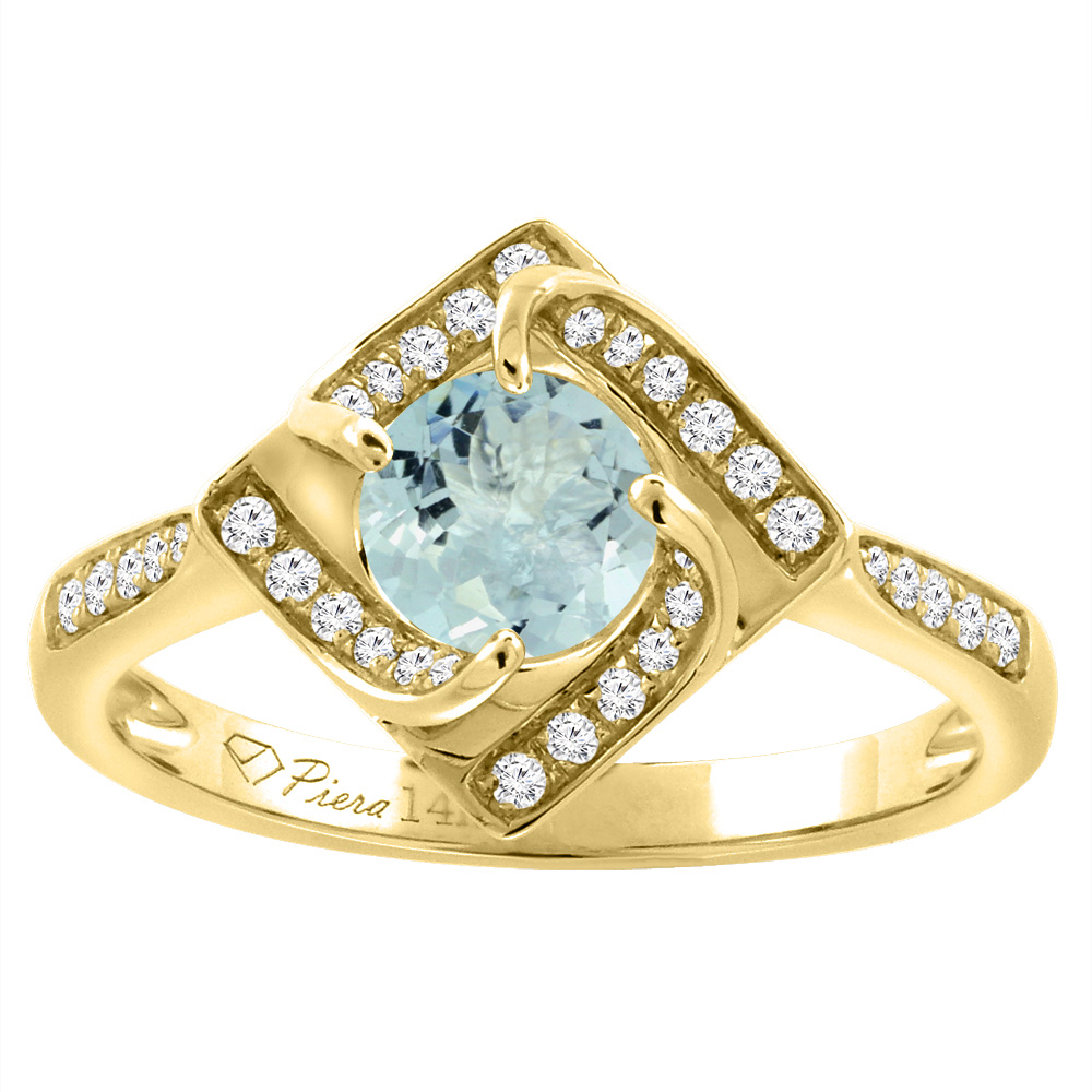 14K Yellow Gold Diamond Natural Aquamarine Engagement Ring Round 7 mm, sizes 5-10