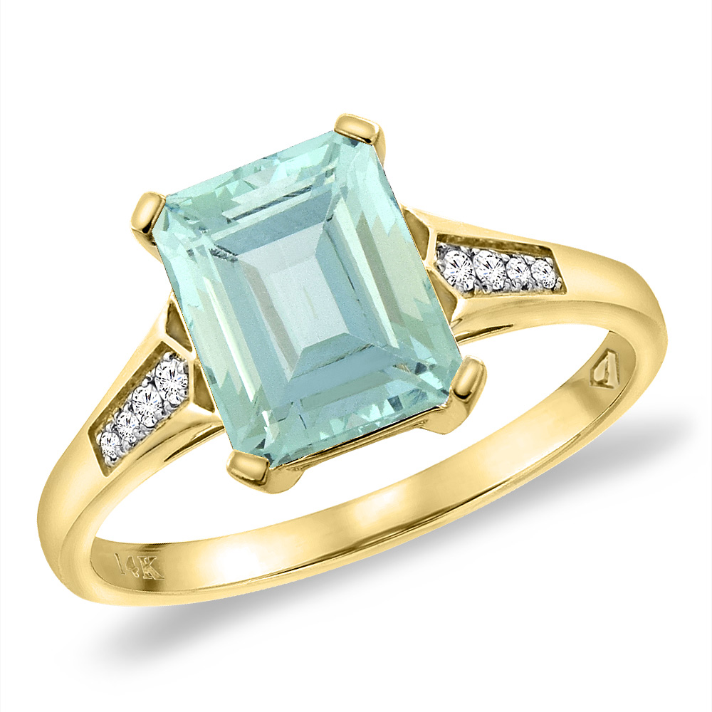14K Yellow Gold Natural Aquamarine Ring 9x7 mm Octagon with Diamond Accent, sizes 5 -10