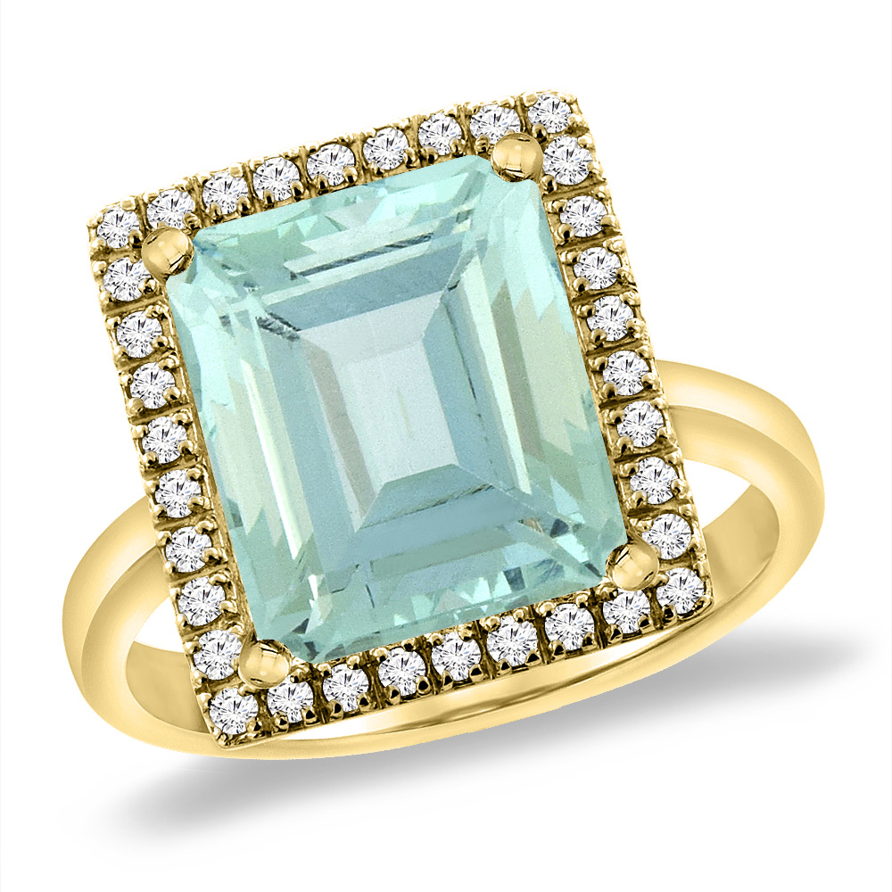 14K Yellow Gold Natural Aquamarine Ring Diamond Accent 12x10 mm Octagon, sizes 5 -10