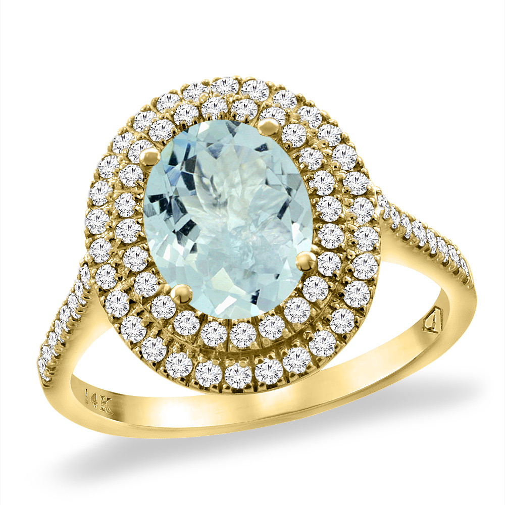 14K Yellow Gold Natural Aquamarine Two Halo Diamond Engagement Ring 9x7 mm Oval, sizes 5 -10