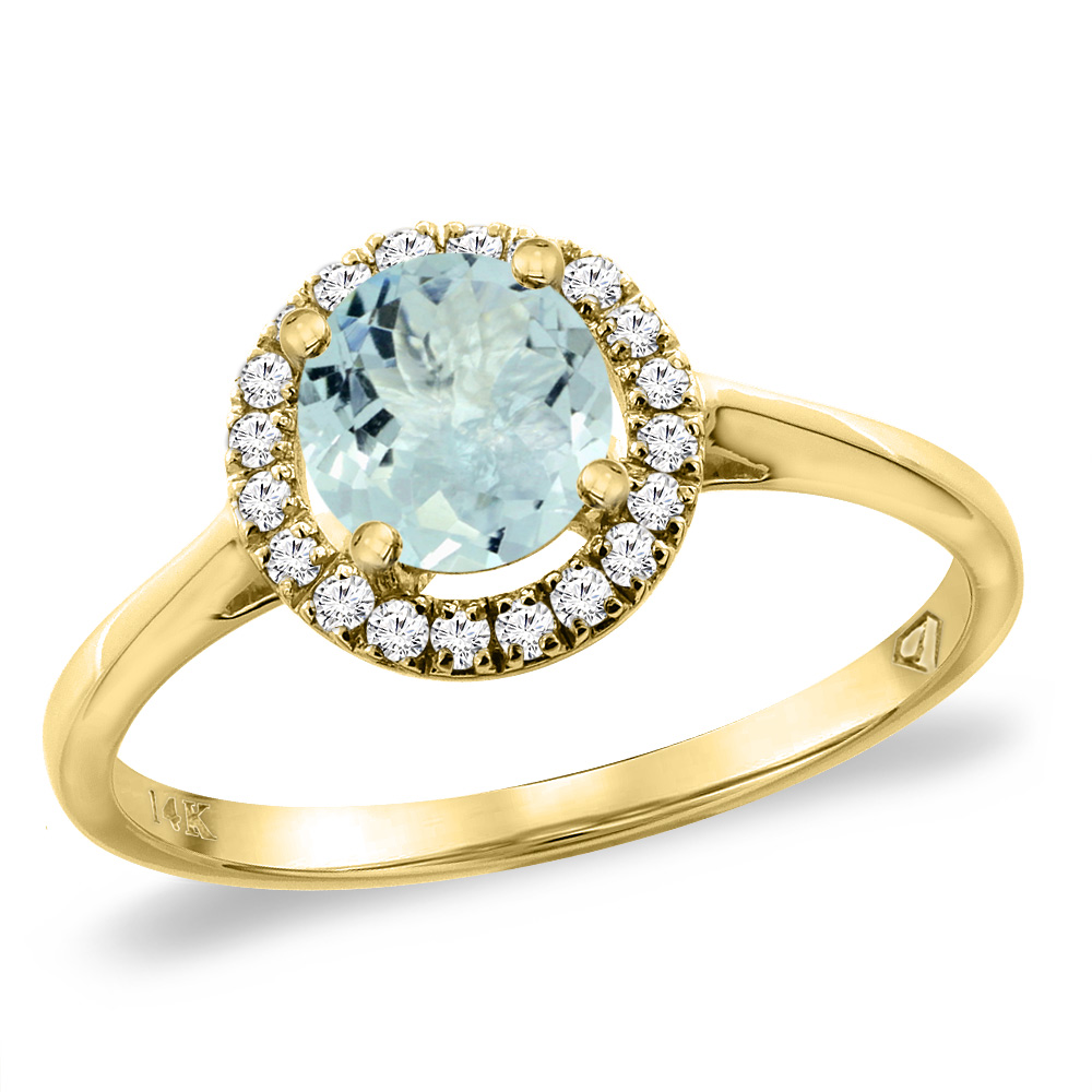 14K Yellow Gold Diamond Halo Natural Aquamarine Engagement Ring Round 6 mm, sizes 5 -10