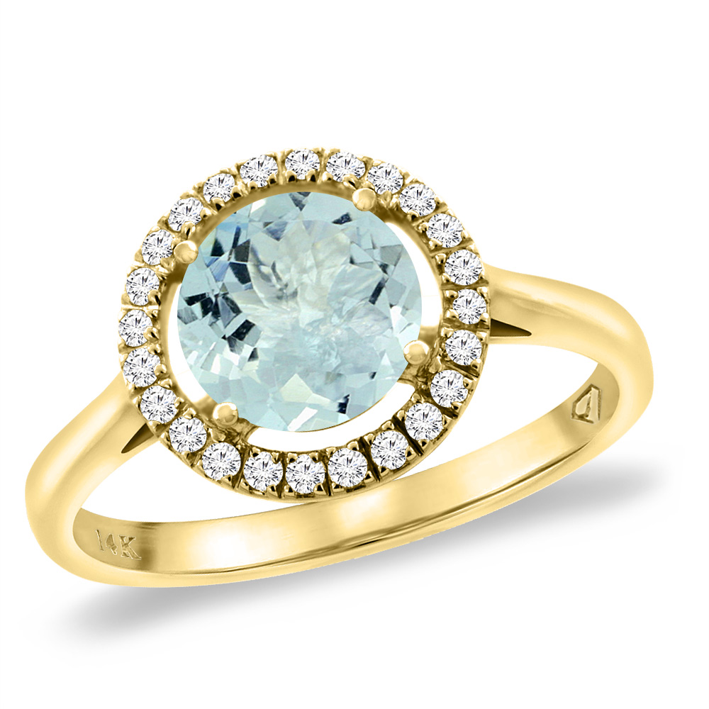 14K Yellow Gold Natural Aquamarine Halo Engagement Ring Round 8 mm, sizes 5 -10