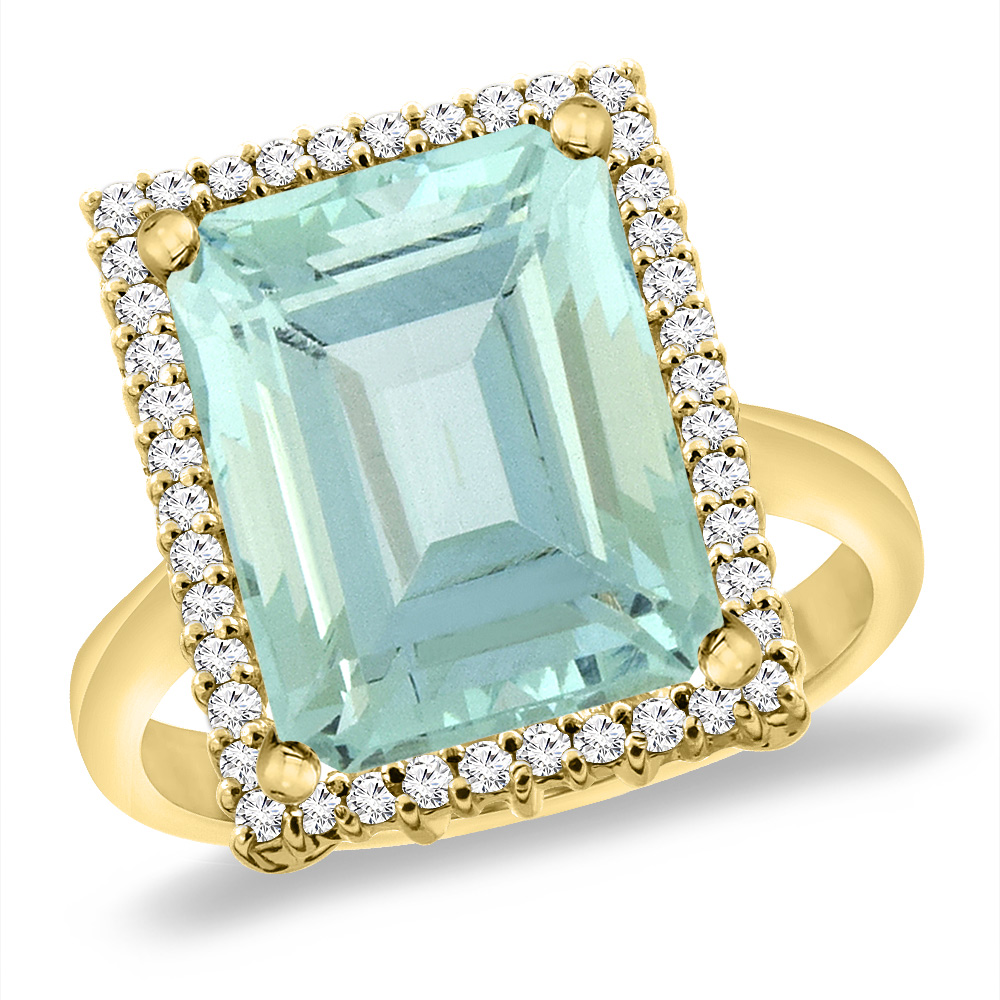 14K Yellow Gold Natural Aquamarine Ring Diamond Accent 14x10 mm Octagon, sizes 5 -10