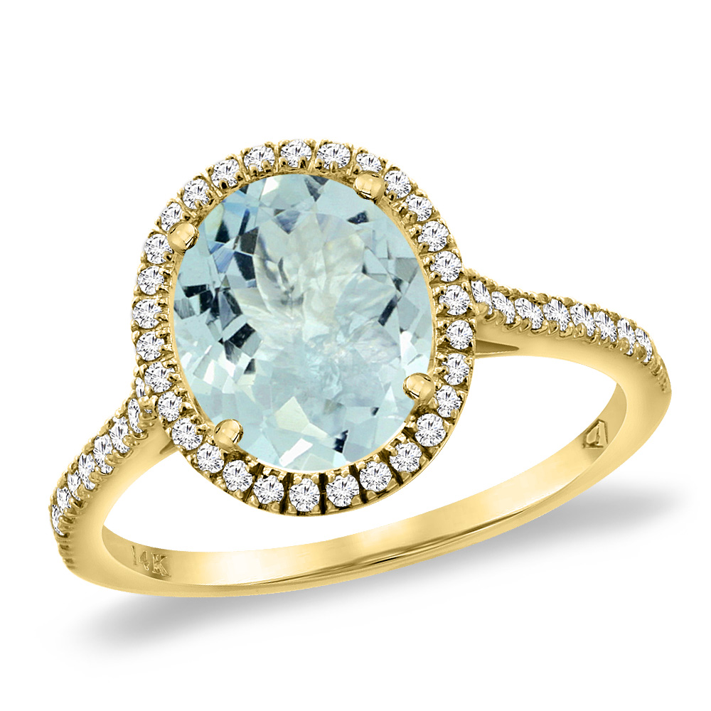 14K Yellow Gold Natural Aquamarine Diamond Halo Engagement Ring 10x8 mm Oval, sizes 5 -10