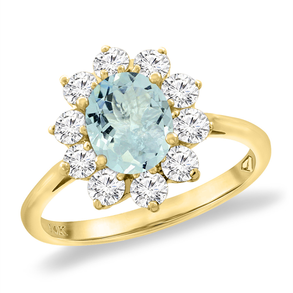 14K Yellow Gold Diamond Natural Aquamarine Engagement Ring Oval 8x6 mm, sizes 5 -10