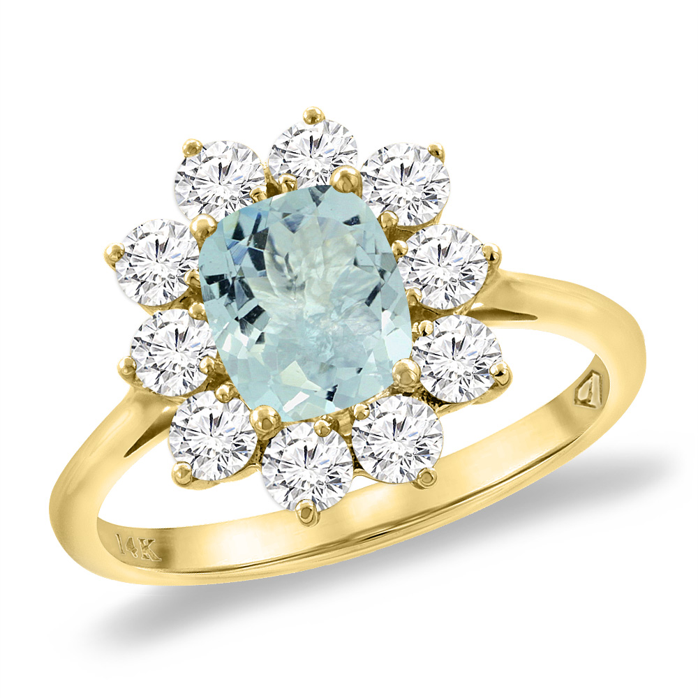 14K Yellow Gold Diamond Natural Aquamarine Engagement Ring 8x6 mm Cushion, sizes 5 -10