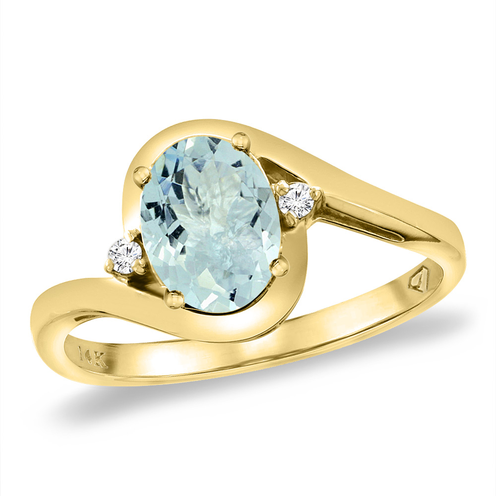 14K Yellow Gold Diamond Natural Aquamarine Bypass Engagement Ring Oval 8x6 mm, sizes 5 -10