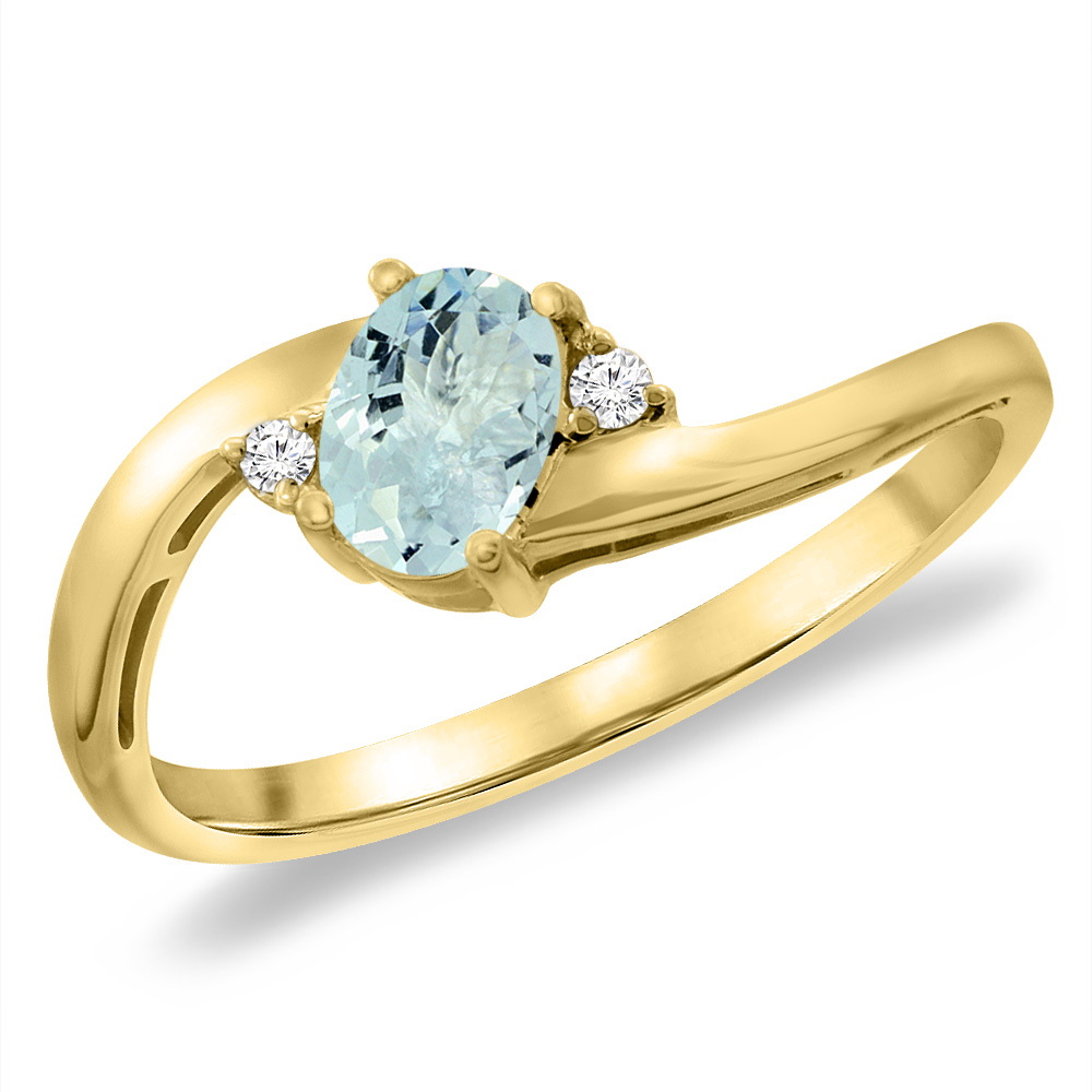 14K Yellow Gold Diamond Natural Aquamarine Bypass Engagement Ring Oval 6x4 mm, sizes 5 -10