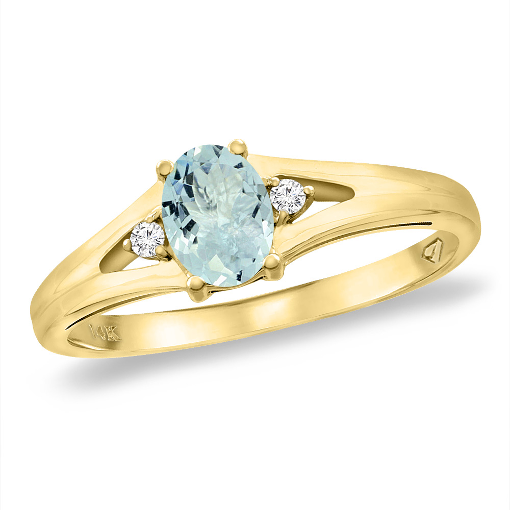 14K Yellow Gold Diamond Natural Aquamarine Engagement Ring Oval 6x4 mm, sizes 5 -10