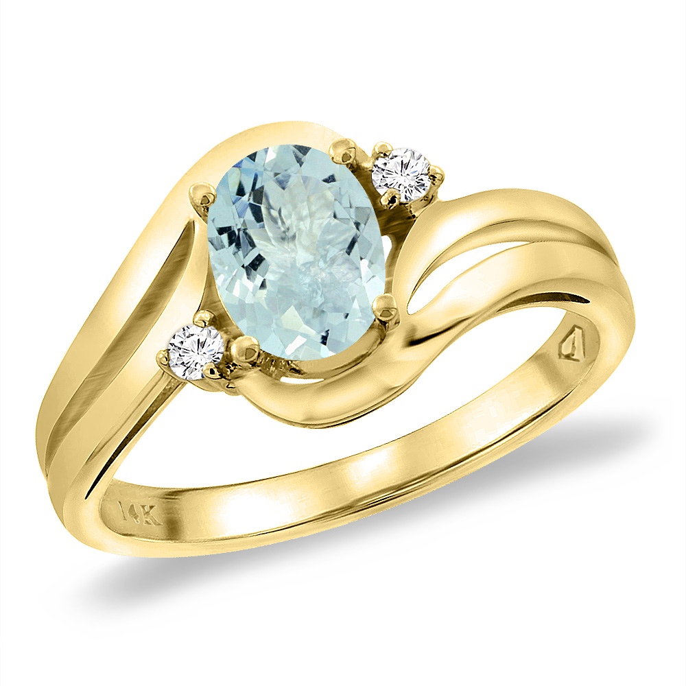 14K Yellow Gold Diamond Natural Aquamarine Bypass Engagement Ring Oval 8x6 mm, sizes 5 -10