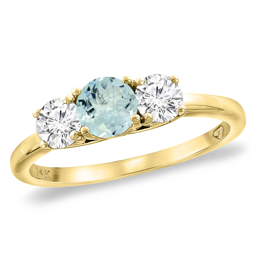 14K Yellow Gold Diamond Natural Aquamarine Engagement Ring 5mm Round, sizes 5 -10
