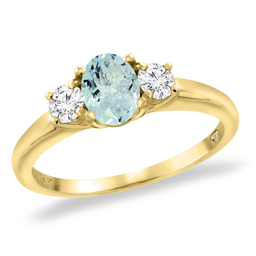 14K Yellow Gold Natural Aquamarine Engagement Ring Diamond Accents Oval 7x5 mm, sizes 5 -10