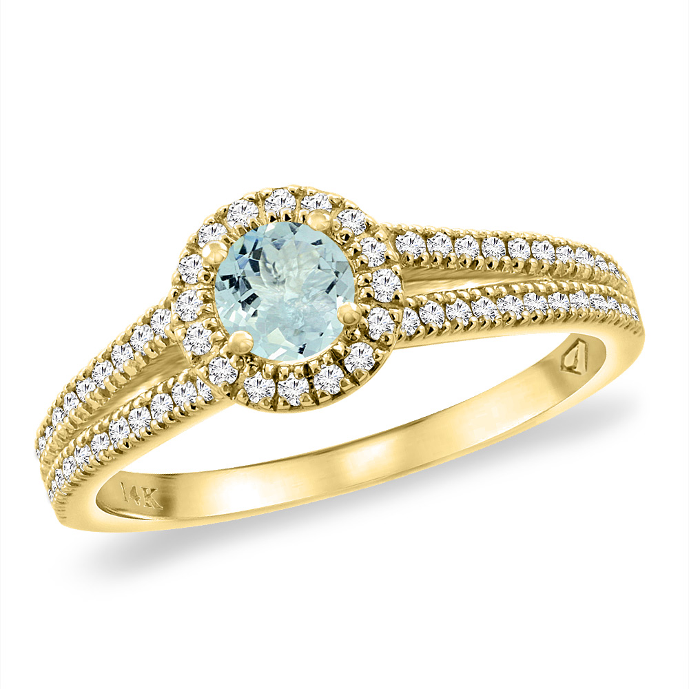 14K Yellow Gold Natural Aquamarine Split Shank Diamond Halo Engagement Ring 4mm Round, sizes 5 -10