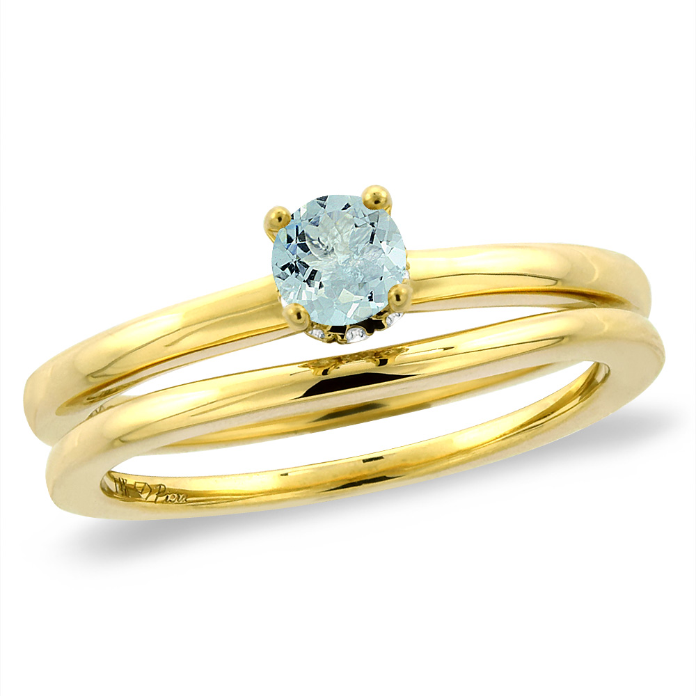 14K Yellow Gold Diamond Natural Aquamarine 2pc Solitaire Engagement Ring Set Round 6 mm, sizes 5-10