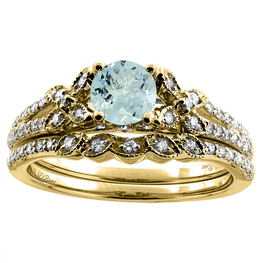 14K Yellow Gold Floral Diamond Natural Aquamarine 2pc Engagement Ring Set Round 5 mm, sizes 5-10