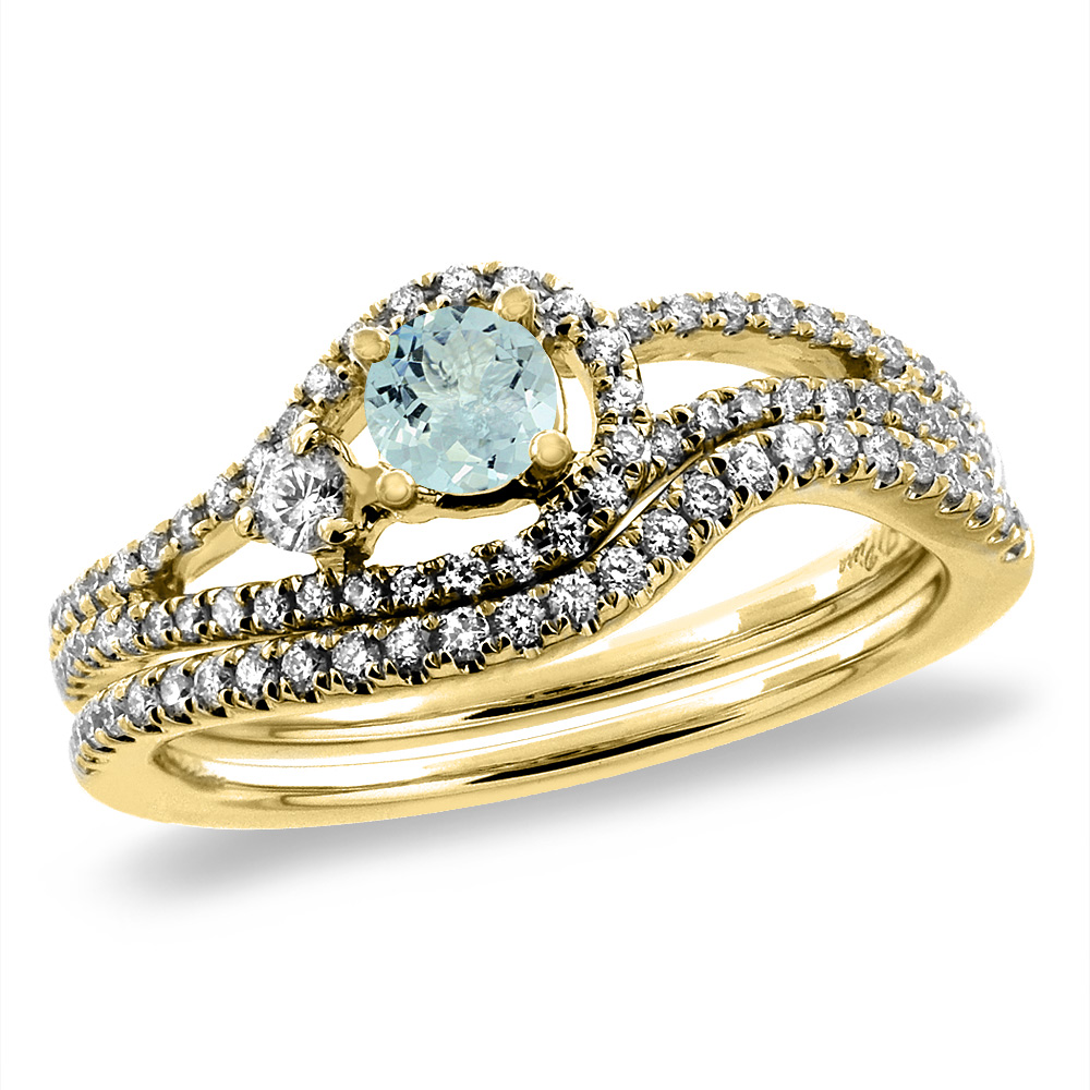 14K Yellow Gold Diamond Natural Aquamarine 2pc Engagement Ring Set Round 5 mm, sizes 5-10