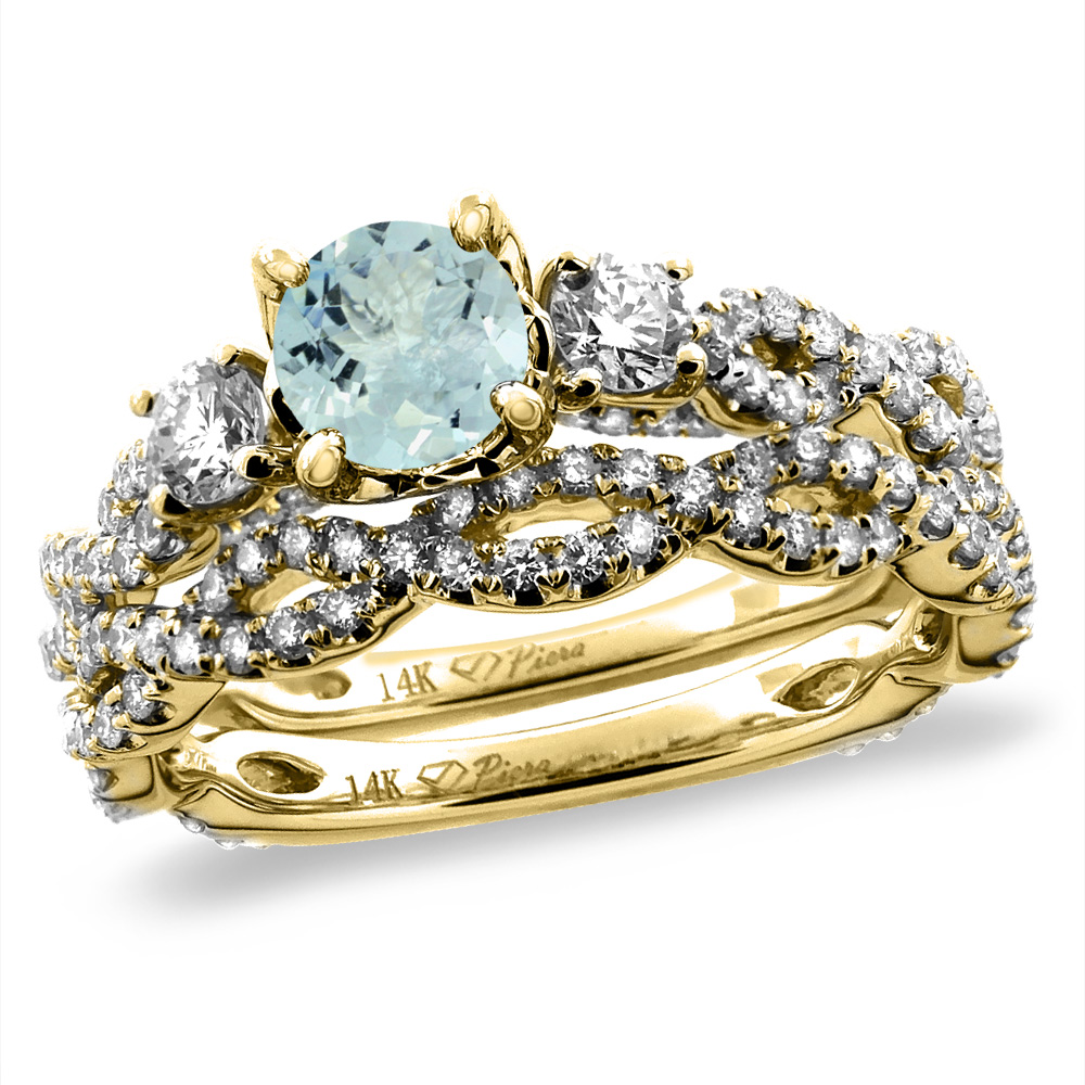 14K Yellow Gold Diamond Natural Aquamarine 2pc Infinity Engagement Ring Set Round 5 mm, sizes 5-10