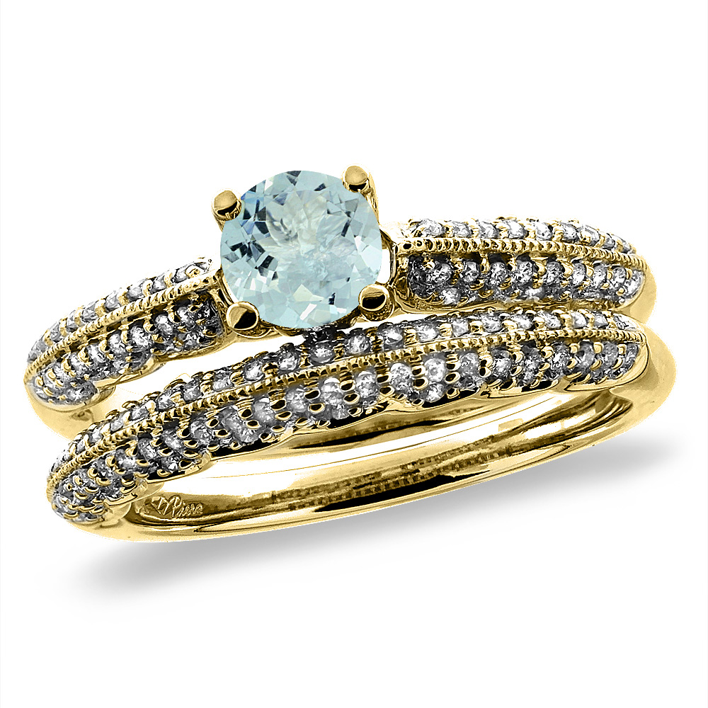 14K Yellow Gold Diamond Natural Aquamarine 2pc Engagement Ring Set Round 5 mm, sizes 5-10