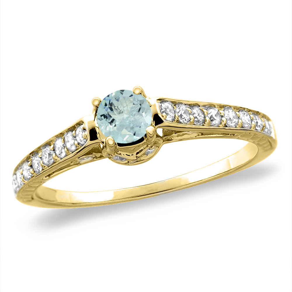 14K White/Yellow Gold Diamond Natural Aquamarine Engagement Ring Round 5 mm, sizes 5-10
