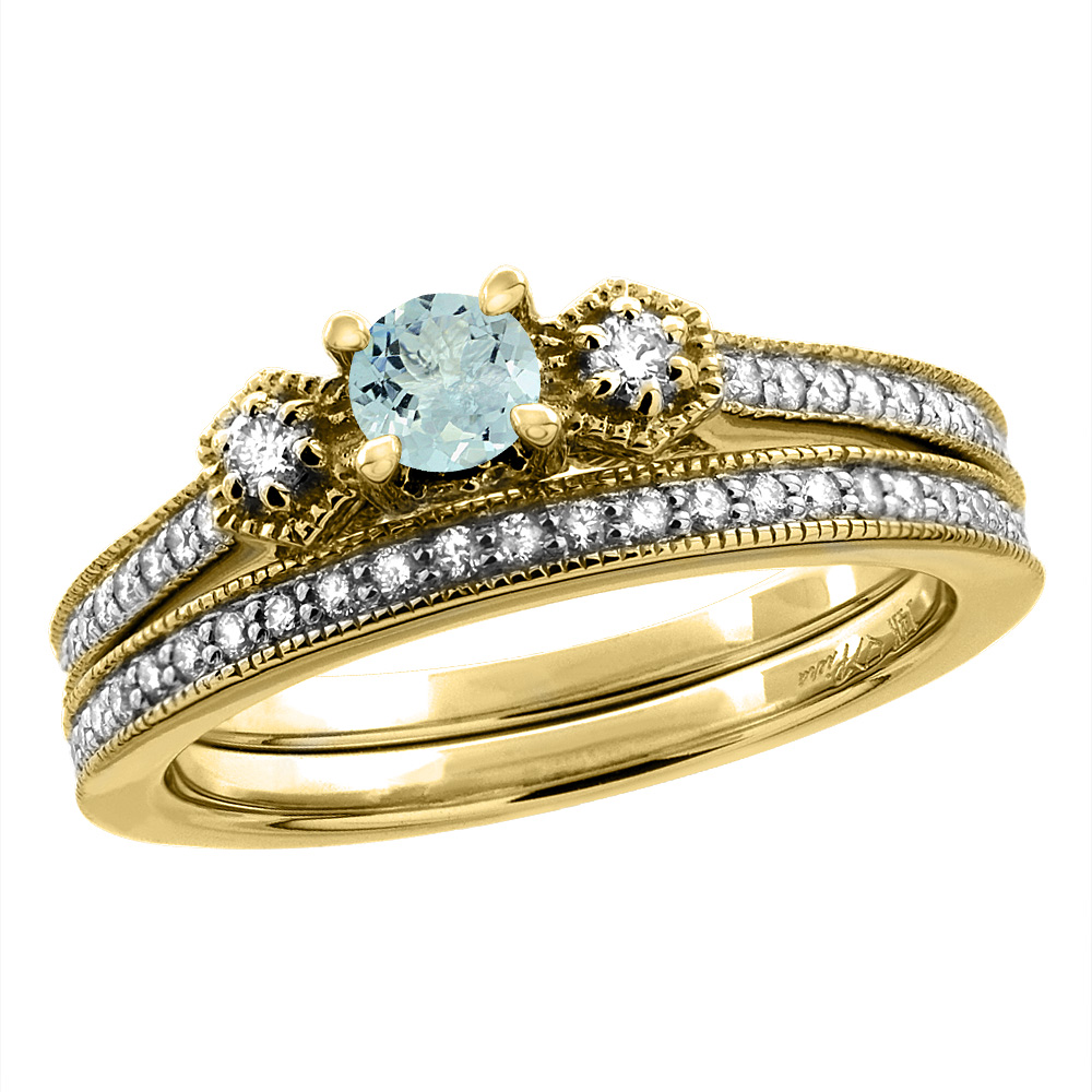 14K Yellow Gold Diamond Natural Aquamarine 2pc Engagement Ring Set Round 4 mm, sizes 5 - 10