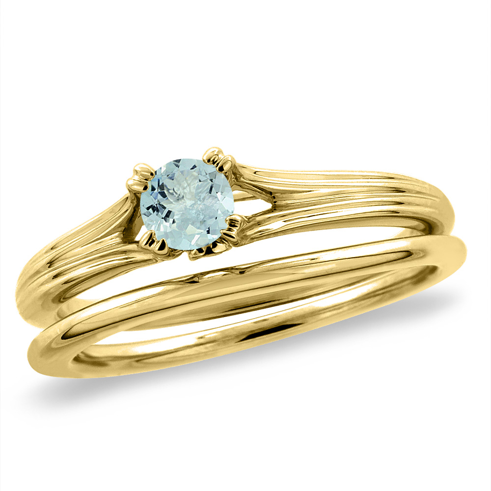 14K Yellow Gold Diamond Natural Aquamarine 2pc Solitaire Engagement Ring Set Round 4 mm, size5-10
